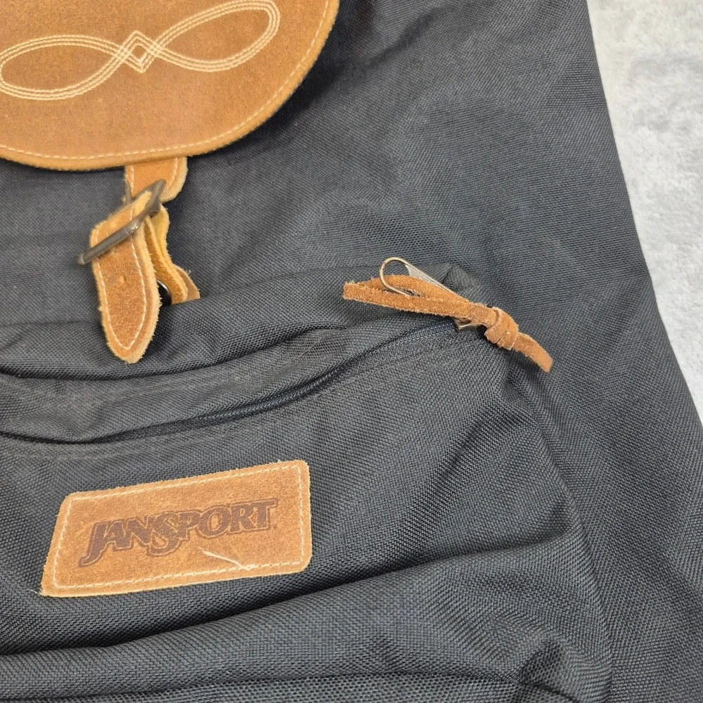 Vintage JanSport Backpack Black Canvas Tan Leather Bottom Rucksack Made in USA